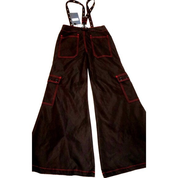 NWT Killstar Carpe Noctem Black Wide-Leg Pants Suspender Red Stitching Cyberpunk - Picture 2 of 10